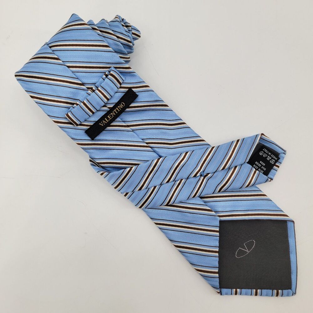 Valentino 61x3.5 Italy Blue w/Embroidered White Brown Stripes 100% Silk Necktie